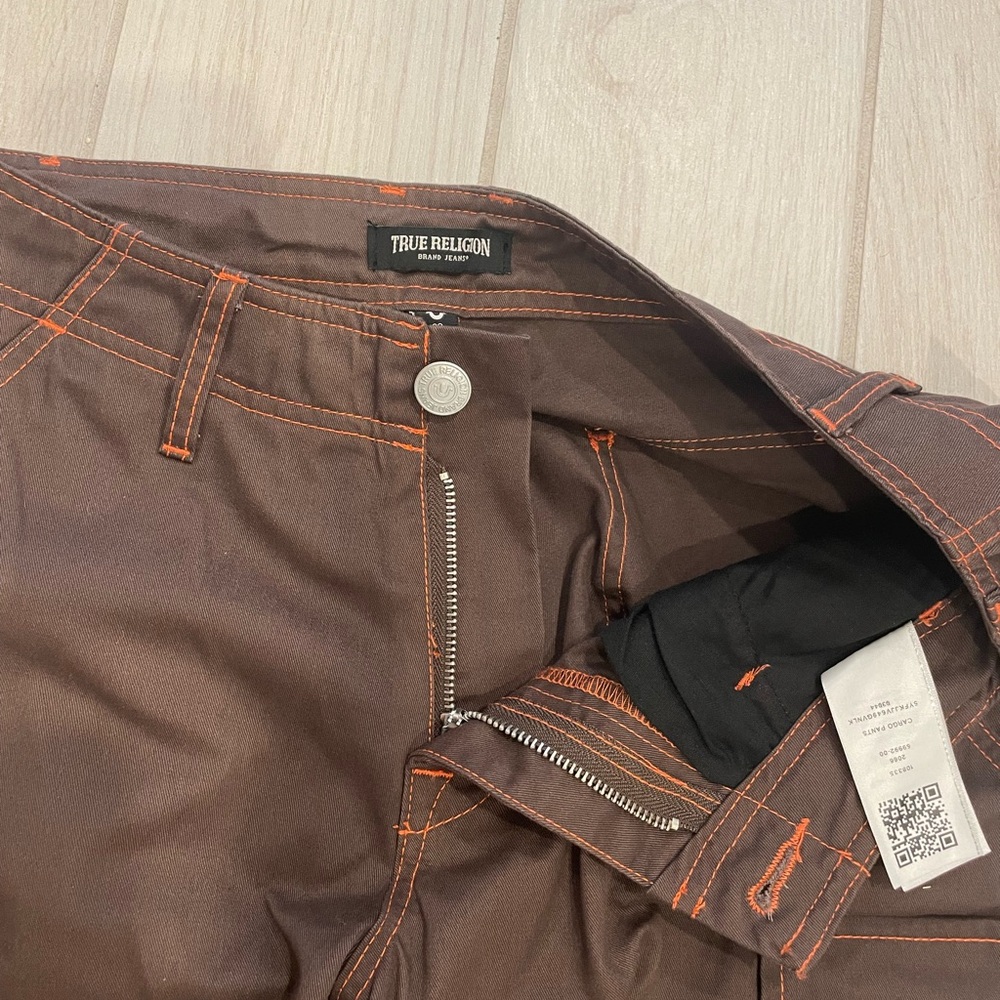 True Religion Chocolate Brown Jeans with Vibrant Orange Stitching